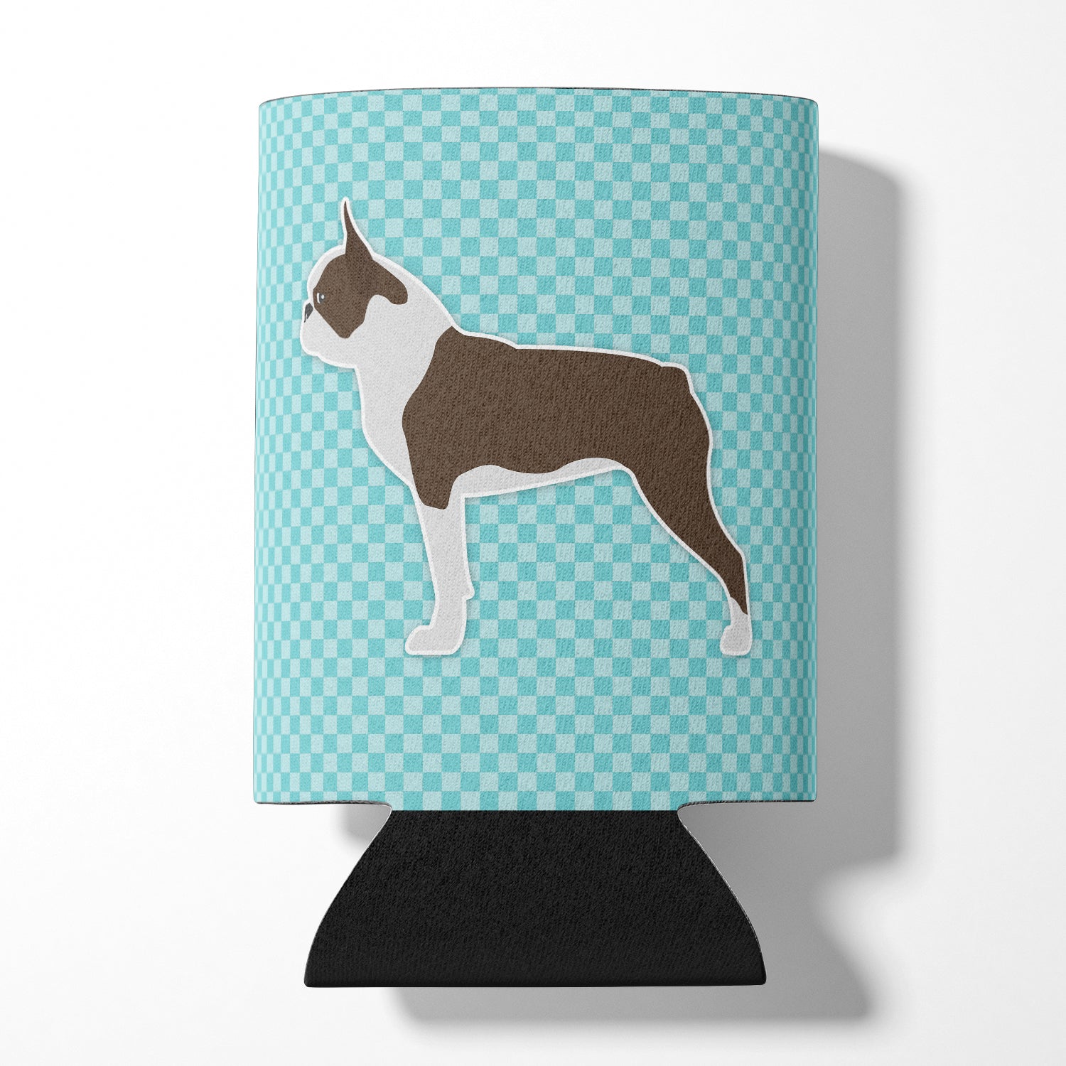 Boston Terrier Checkerboard Blue Can or Bottle Hugger Cooler Sleeve for Standard 12 oz Cans, Insulated Foam Beer & Soda Can Hugger Reusable