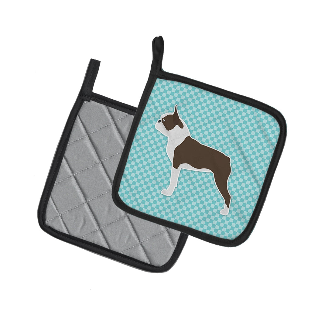 Boston Terrier Checkerboard Blue Pot Holder Set of 2 Heat Resistant Quilted Hot Pads 7.5 x 7.5 Inch, Insulated Kitchen Trivets for Cooking & Baking