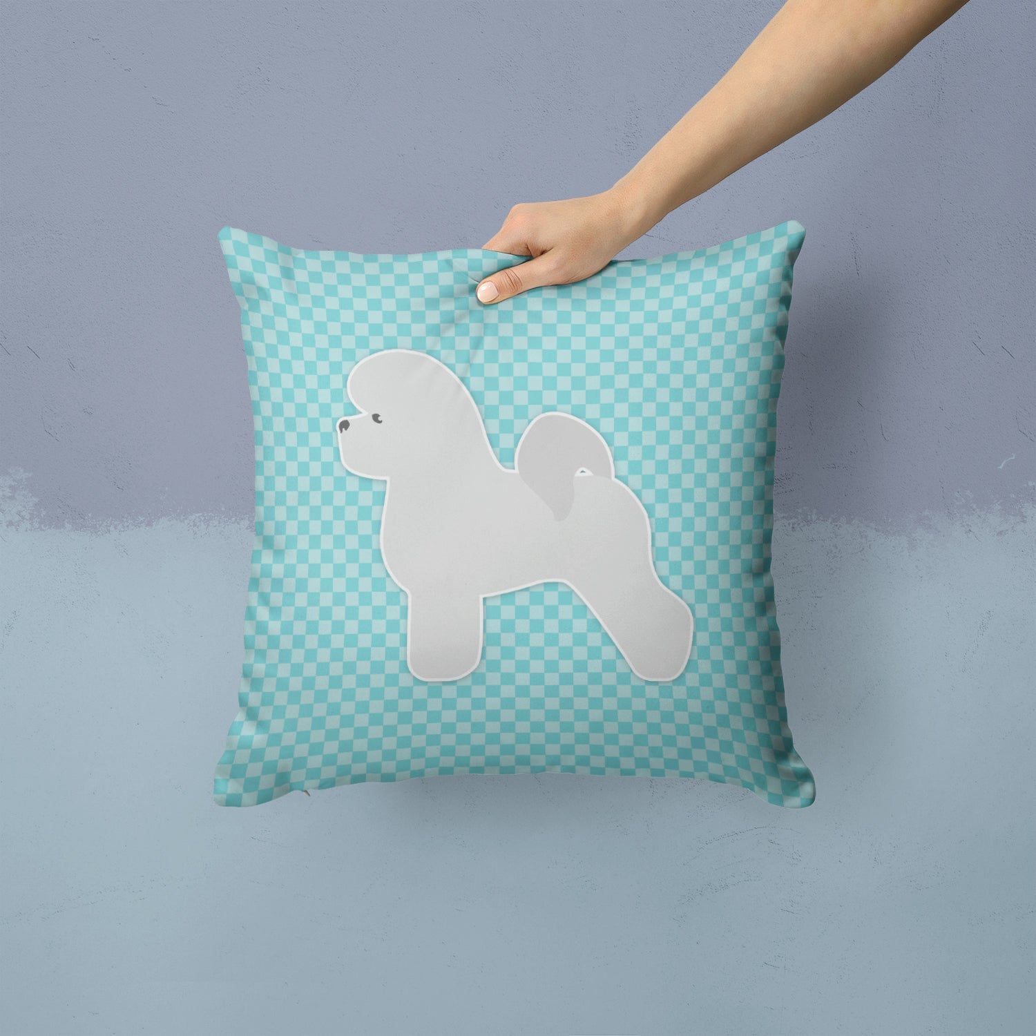 Bichon Frise Checkerboard Blue Decorative Throw Pillow 14x14 Indoor Outdoor Accent Cushion, Fabric Cover with Insert for Sofa, Bed, Porch & Living Room