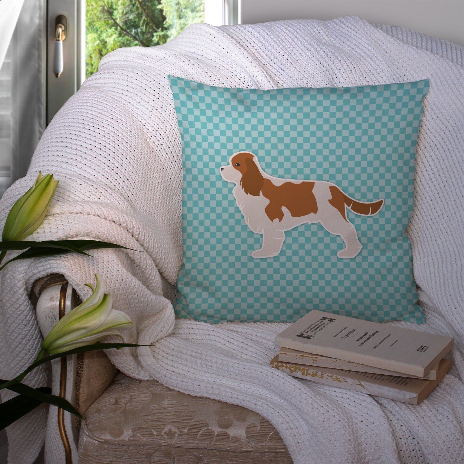 Cavalier King Charles Spaniel Checkerboard Blue Decorative Throw Pillow 14x14 Indoor Outdoor Accent Cushion, Fabric Cover with Insert for Sofa, Bed, Porch & Living Room