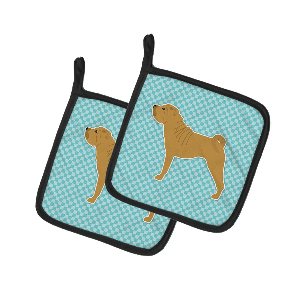 Shar Pei Checkerboard Blue Pot Holder Set of 2 Heat Resistant Quilted Hot Pads 7.5 x 7.5 Inch, Insulated Kitchen Trivets for Cooking & Baking