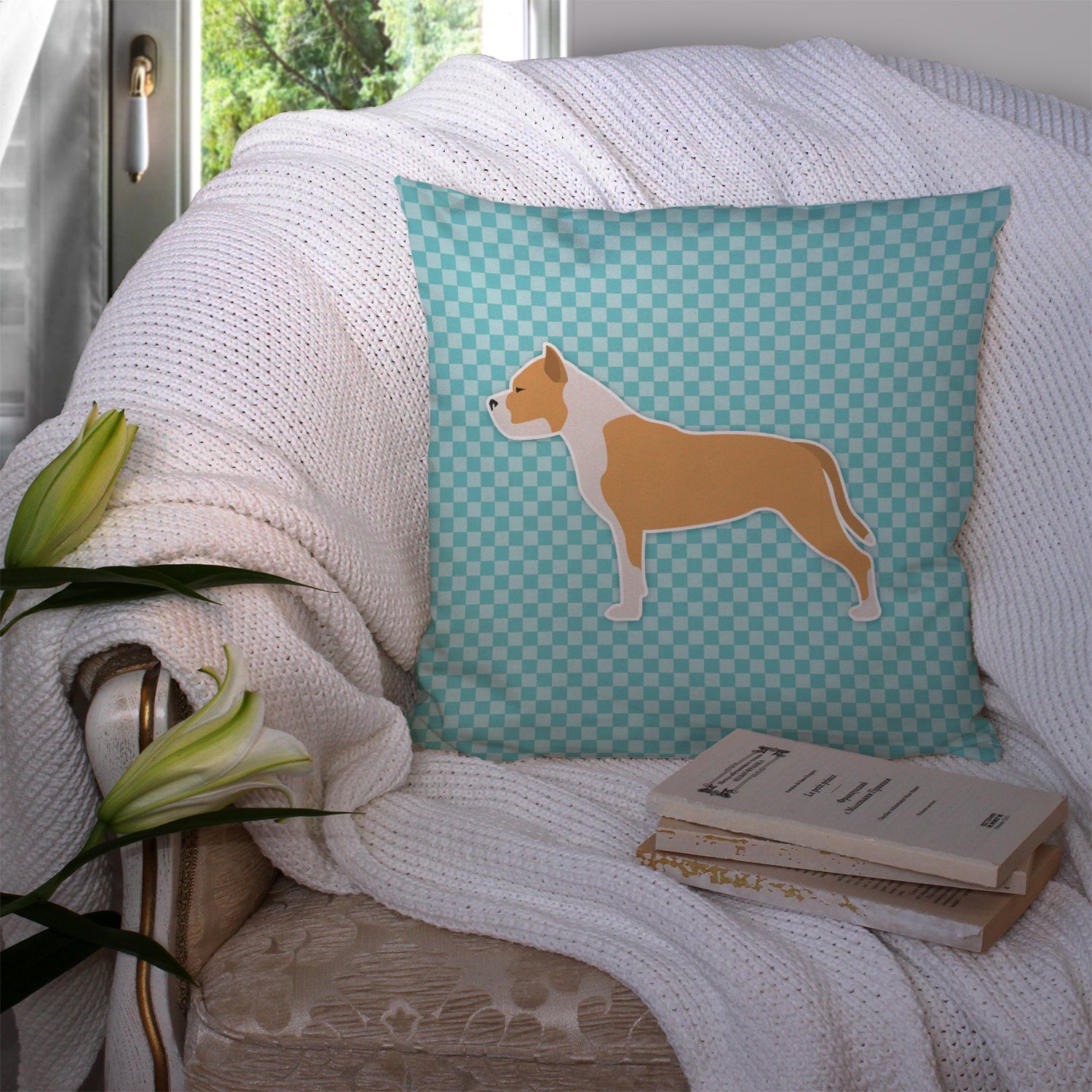 Staffordshire Bull Terrier Checkerboard Blue Decorative Throw Pillow 14x14 Indoor Outdoor Accent Cushion, Fabric Cover with Insert for Sofa, Bed, Porch & Living Room