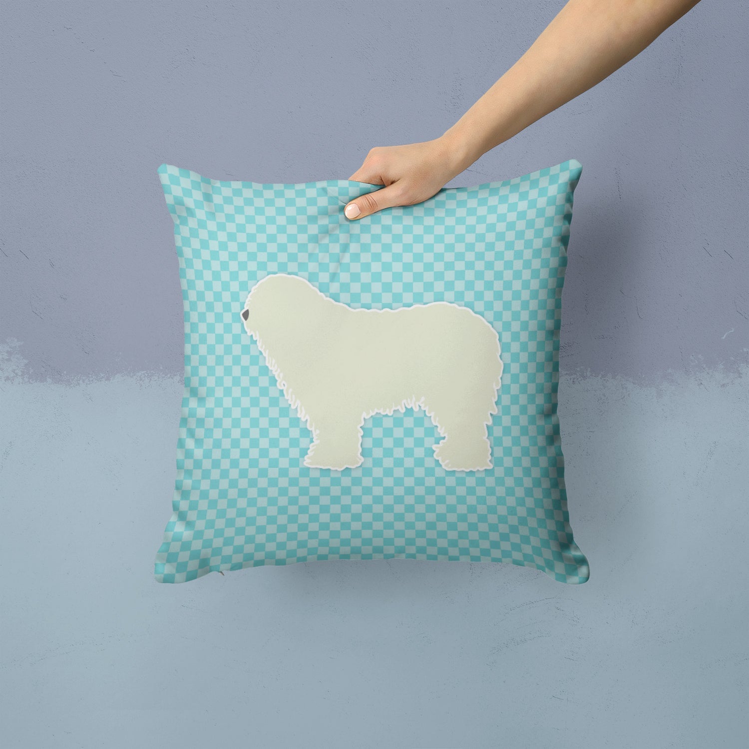 Komondor Checkerboard Blue Decorative Throw Pillow 14x14 Indoor Outdoor Accent Cushion, Fabric Cover with Insert for Sofa, Bed, Porch & Living Room