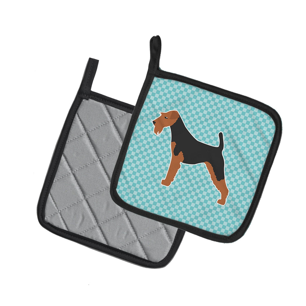 Airedale Terrier Checkerboard Blue Pot Holder Set of 2 Heat Resistant Quilted Hot Pads 7.5 x 7.5 Inch, Insulated Kitchen Trivets for Cooking & Baking