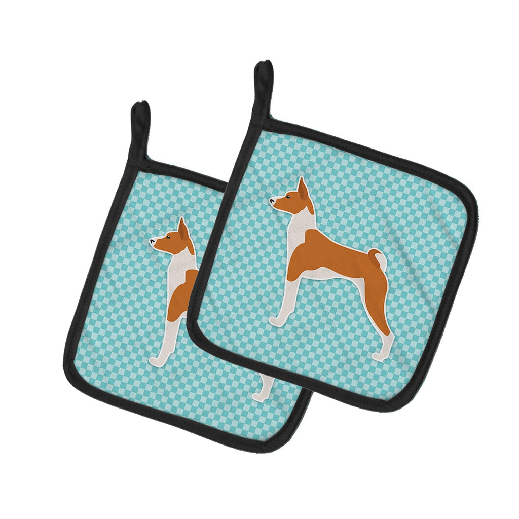 Basenji Checkerboard Blue Pot Holder Set of 2 Heat Resistant Quilted Hot Pads 7.5 x 7.5 Inch, Insulated Kitchen Trivets for Cooking & Baking