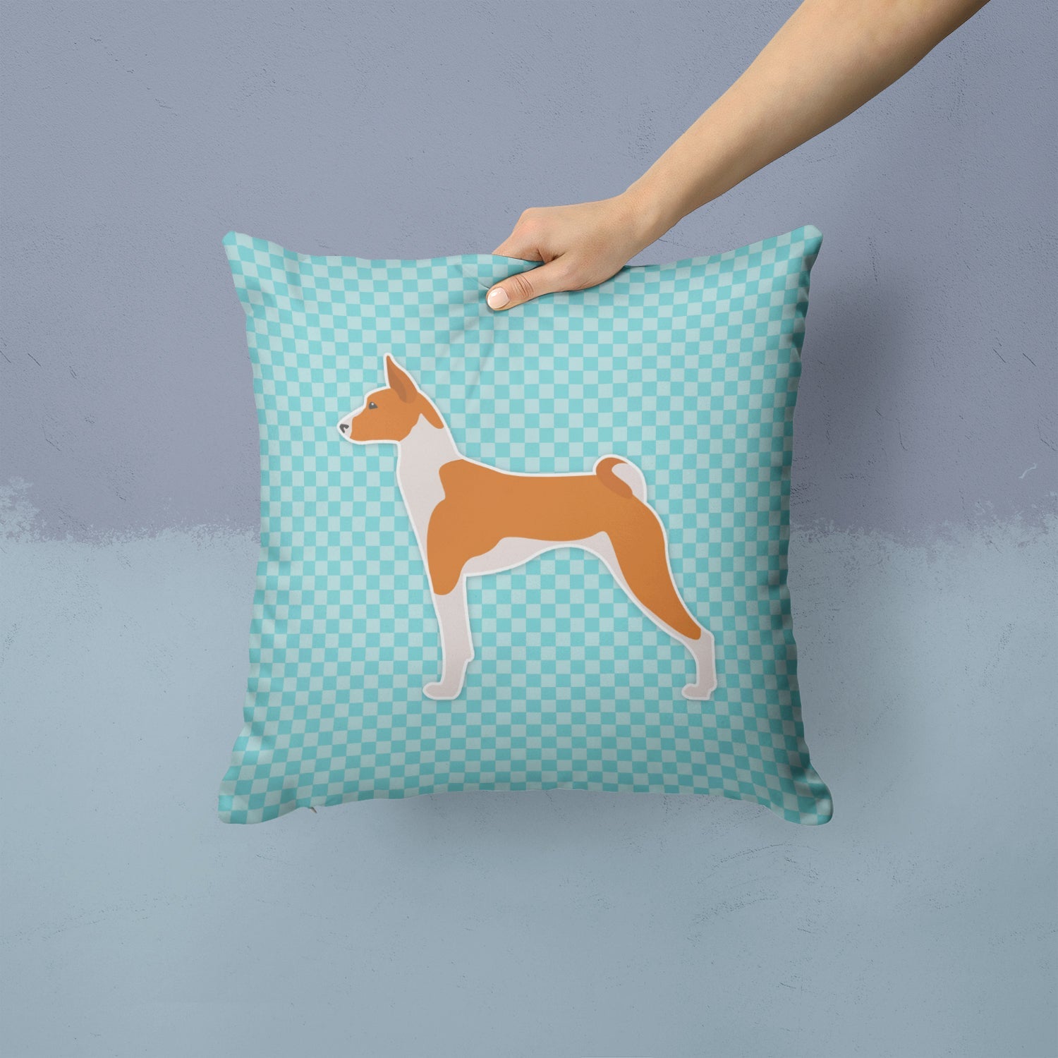 Basenji Checkerboard Blue Decorative Throw Pillow 14x14 Indoor Outdoor Accent Cushion, Fabric Cover with Insert for Sofa, Bed, Porch & Living Room
