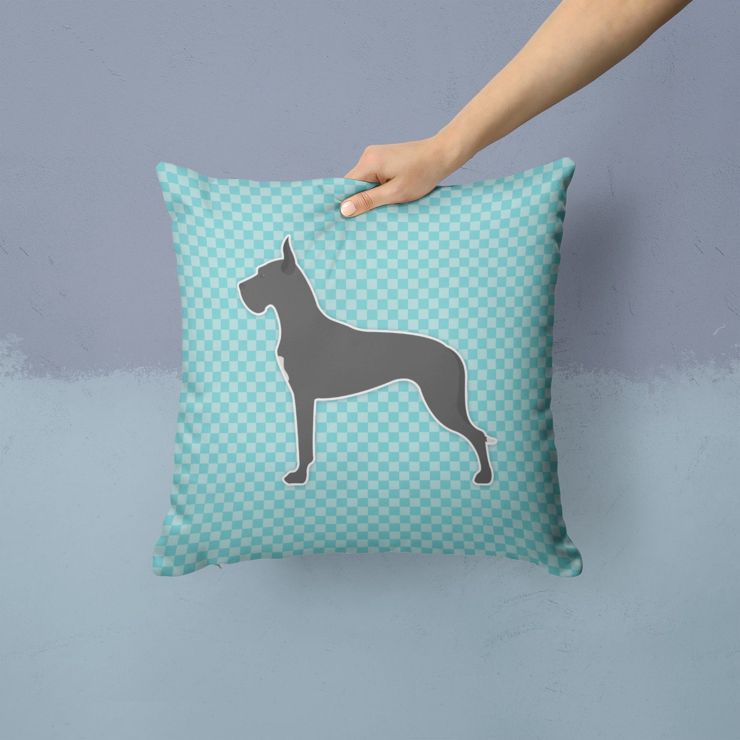 Great Dane Checkerboard Blue Decorative Throw Pillow 14x14 Indoor Outdoor Accent Cushion, Fabric Cover with Insert for Sofa, Bed, Porch & Living Room