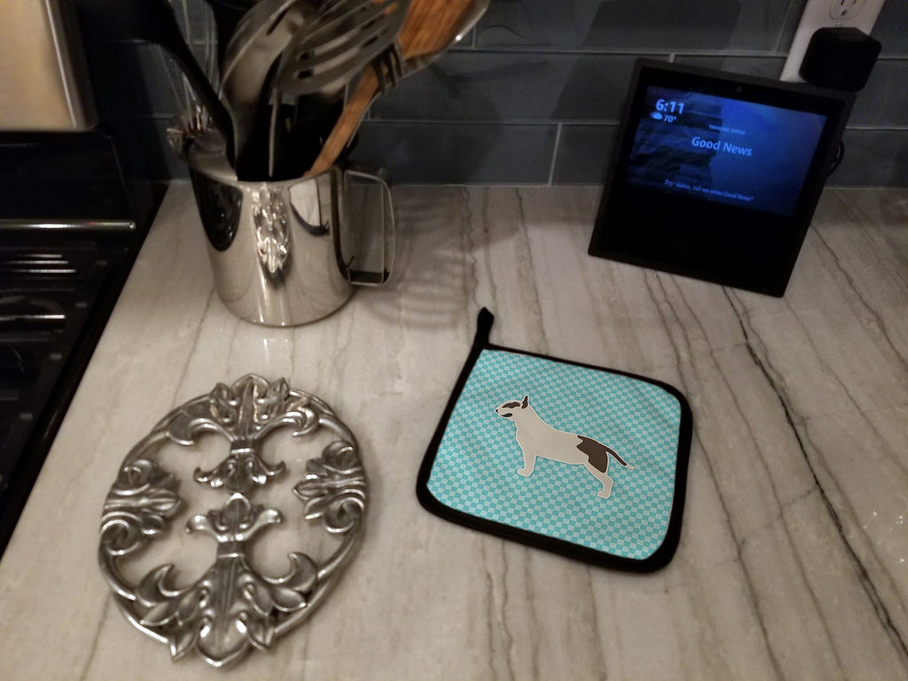 Bull Terrier Checkerboard Blue Pot Holder Set of 2 Heat Resistant Quilted Hot Pads 7.5 x 7.5 Inch, Insulated Kitchen Trivets for Cooking & Baking