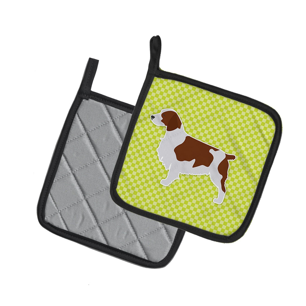 Welsh Springer Spaniel Checkerboard Green Pot Holder Set of 2 Heat Resistant Quilted Hot Pads 7.5 x 7.5 Inch, Insulated Kitchen Trivets for Cooking & Baking