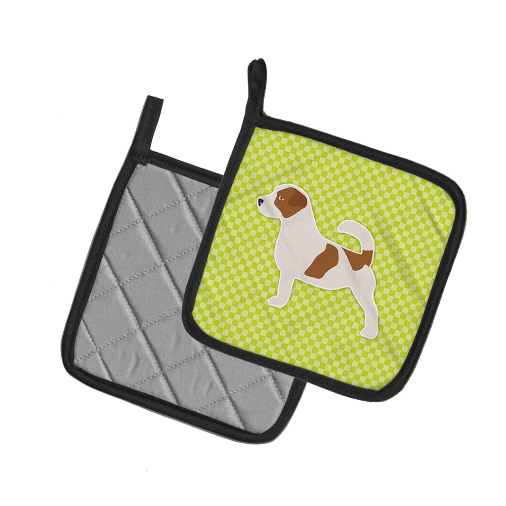 Jack Russell Terrier Checkerboard Green Pot Holder Set of 2 Heat Resistant Quilted Hot Pads 7.5 x 7.5 Inch, Insulated Kitchen Trivets for Cooking & Baking