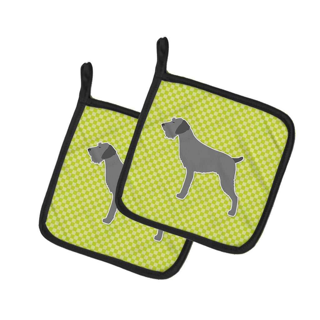 German Wirehaired Pointer Checkerboard Green Pot Holder Set of 2 Heat Resistant Quilted Hot Pads 7.5 x 7.5 Inch, Insulated Kitchen Trivets for Cooking & Baking