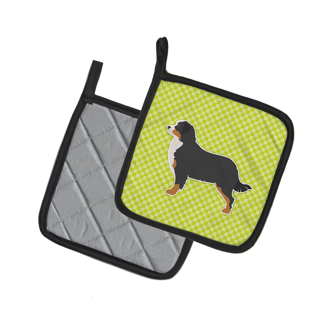 Bernese Mountain Dog Checkerboard Green Pot Holder Set of 2 Heat Resistant Quilted Hot Pads 7.5 x 7.5 Inch, Insulated Kitchen Trivets for Cooking & Baking