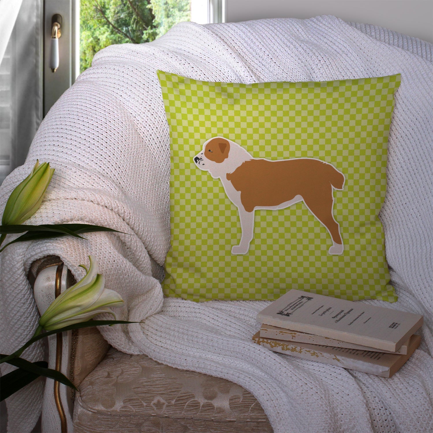 Central Asian Shepherd Dog Checkerboard Green Decorative Throw Pillow 14x14 Indoor Outdoor Accent Cushion, Fabric Cover with Insert for Sofa, Bed, Porch & Living Room