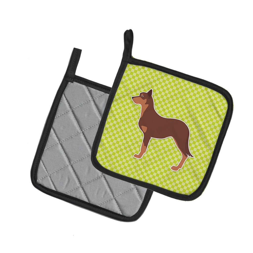Australian Kelpie Dog Checkerboard Green Pot Holder Set of 2 Heat Resistant Quilted Hot Pads 7.5 x 7.5 Inch, Insulated Kitchen Trivets for Cooking & Baking