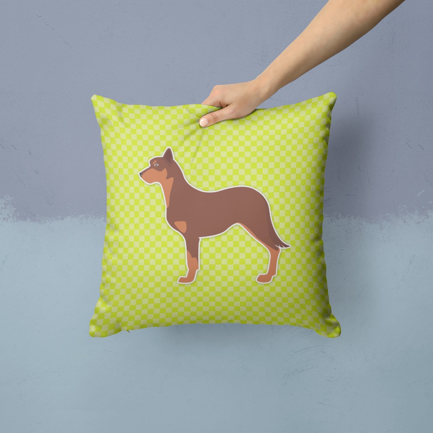 Australian Kelpie Dog Checkerboard Green Decorative Throw Pillow 14x14 Indoor Outdoor Accent Cushion, Fabric Cover with Insert for Sofa, Bed, Porch & Living Room