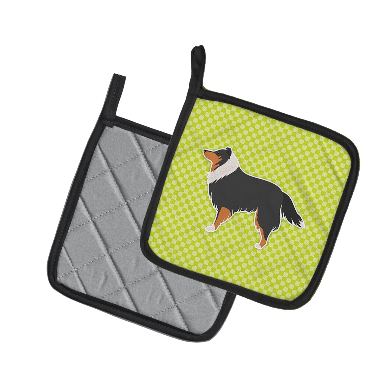 Sheltie/Shetland Sheepdog Checkerboard Green Pot Holder Set of 2 Heat Resistant Quilted Hot Pads 7.5 x 7.5 Inch, Insulated Kitchen Trivets for Cooking & Baking