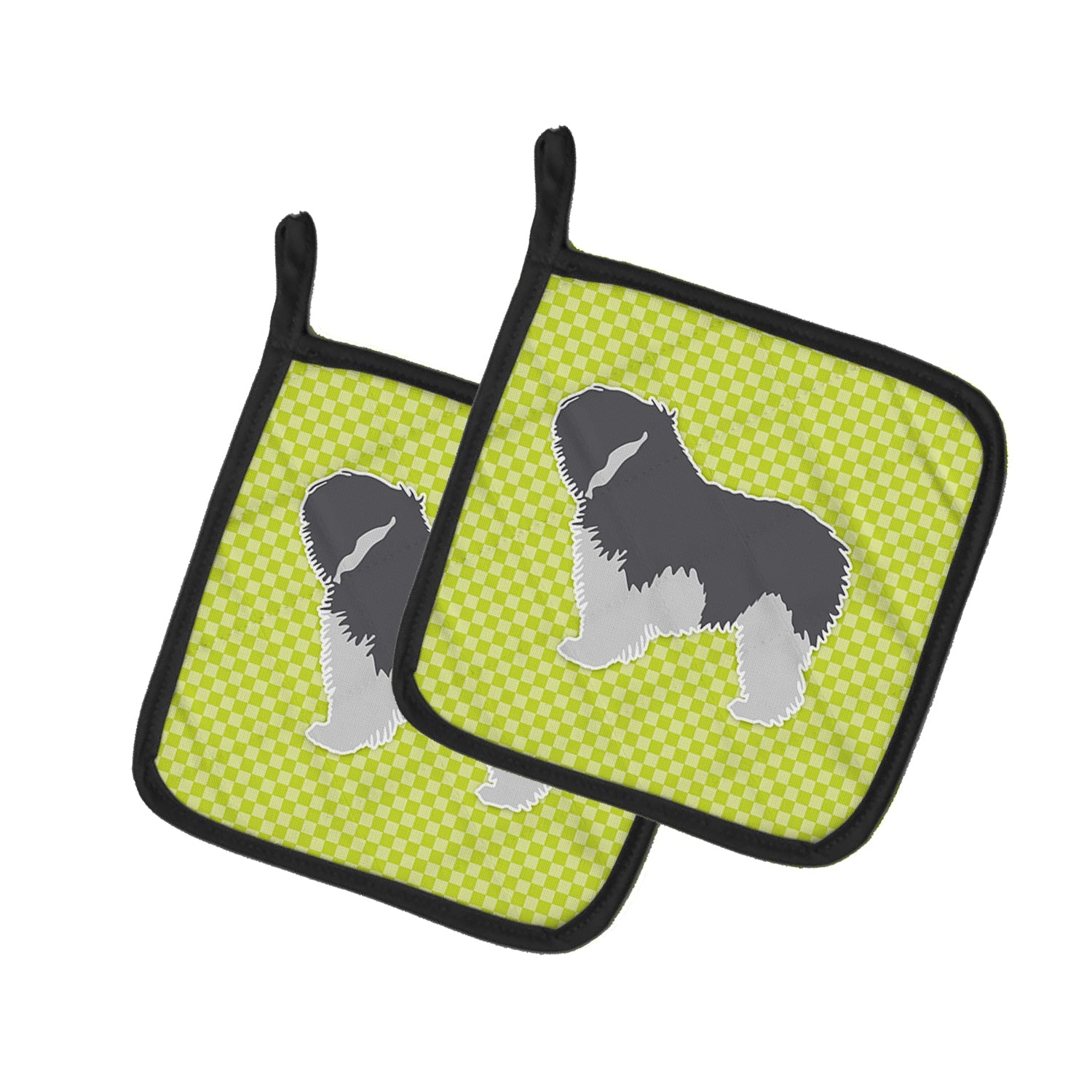 Polish Lowland Sheepdog Dog Checkerboard Green Pot Holder Set of 2 Heat Resistant Quilted Hot Pads 7.5 x 7.5 Inch, Insulated Kitchen Trivets for Cooking & Baking