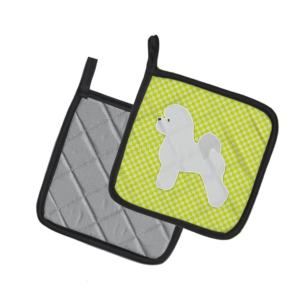 Bichon Frise Checkerboard Green Pot Holder Set of 2 Heat Resistant Quilted Hot Pads 7.5 x 7.5 Inch, Insulated Kitchen Trivets for Cooking & Baking