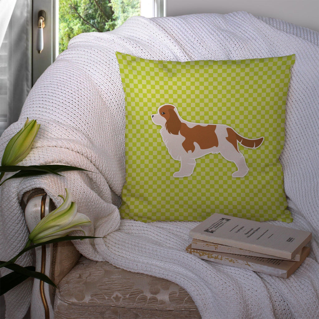 Cavalier King Charles Spaniel Checkerboard Green Decorative Throw Pillow 14x14 Indoor Outdoor Accent Cushion, Fabric Cover with Insert for Sofa, Bed, Porch & Living Room