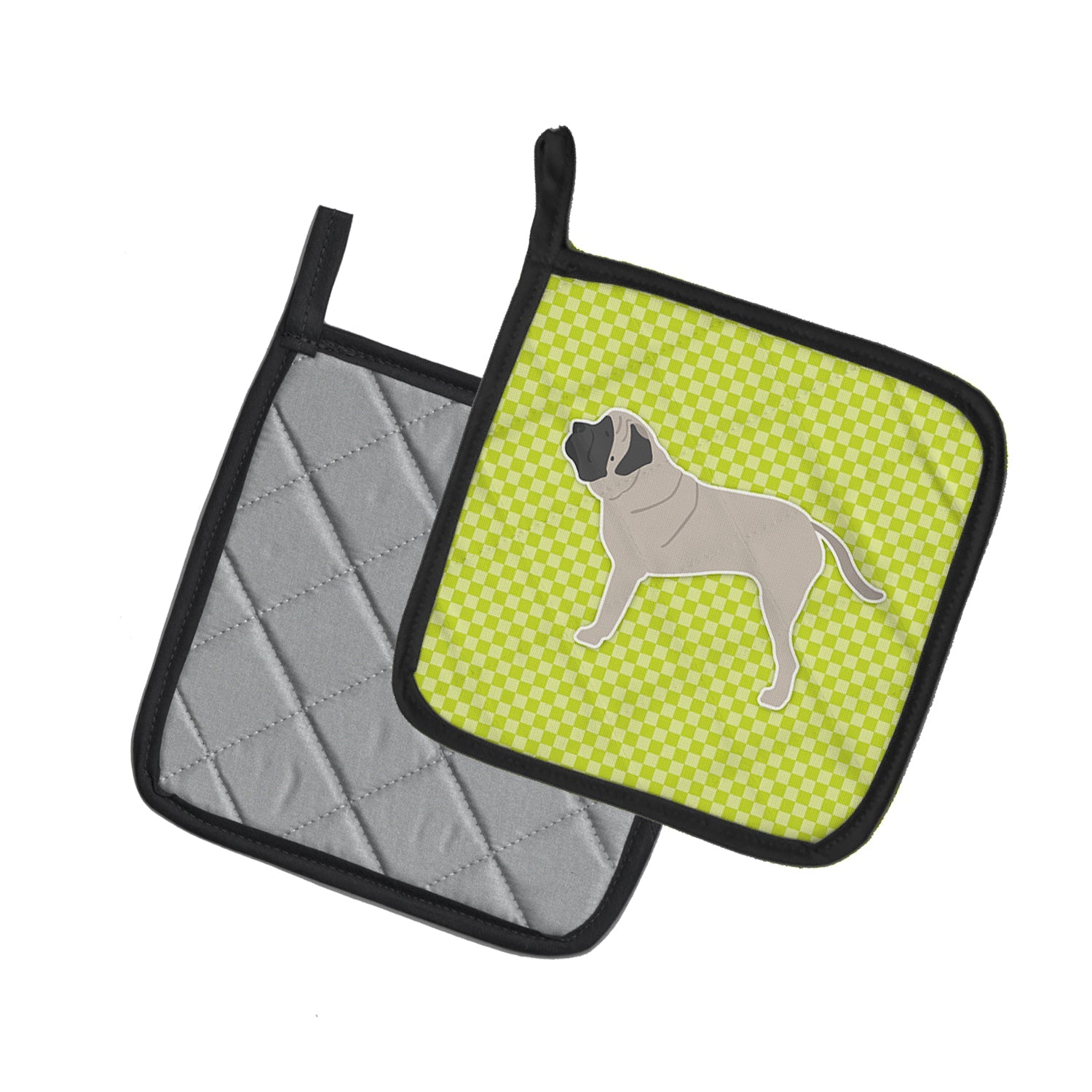 English Mastiff Checkerboard Green Pot Holder Set of 2 Heat Resistant Quilted Hot Pads 7.5 x 7.5 Inch, Insulated Kitchen Trivets for Cooking & Baking