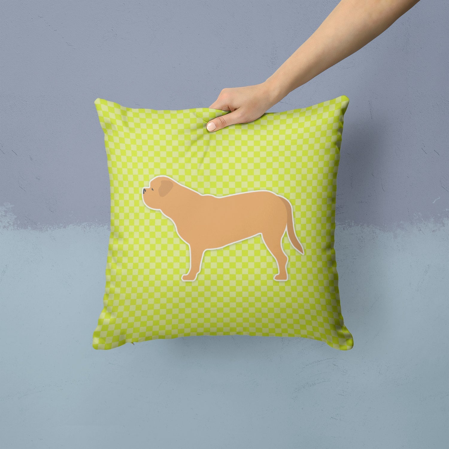 Dogue de Bordeaux Checkerboard Green Decorative Throw Pillow 14x14 Indoor Outdoor Accent Cushion, Fabric Cover with Insert for Sofa, Bed, Porch & Living Room
