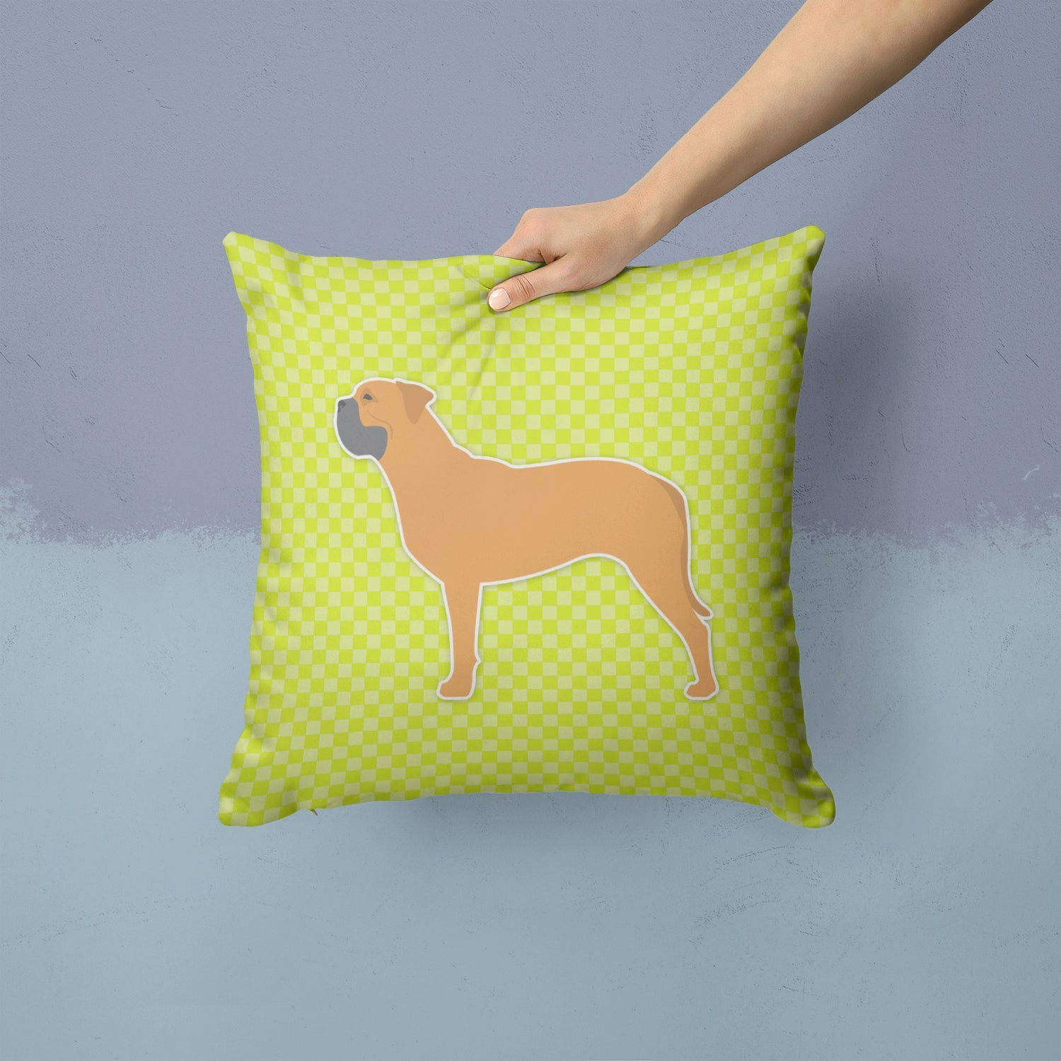 Bullmastiff Checkerboard Green Decorative Throw Pillow 14x14 Indoor Outdoor Accent Cushion, Fabric Cover with Insert for Sofa, Bed, Porch & Living Room