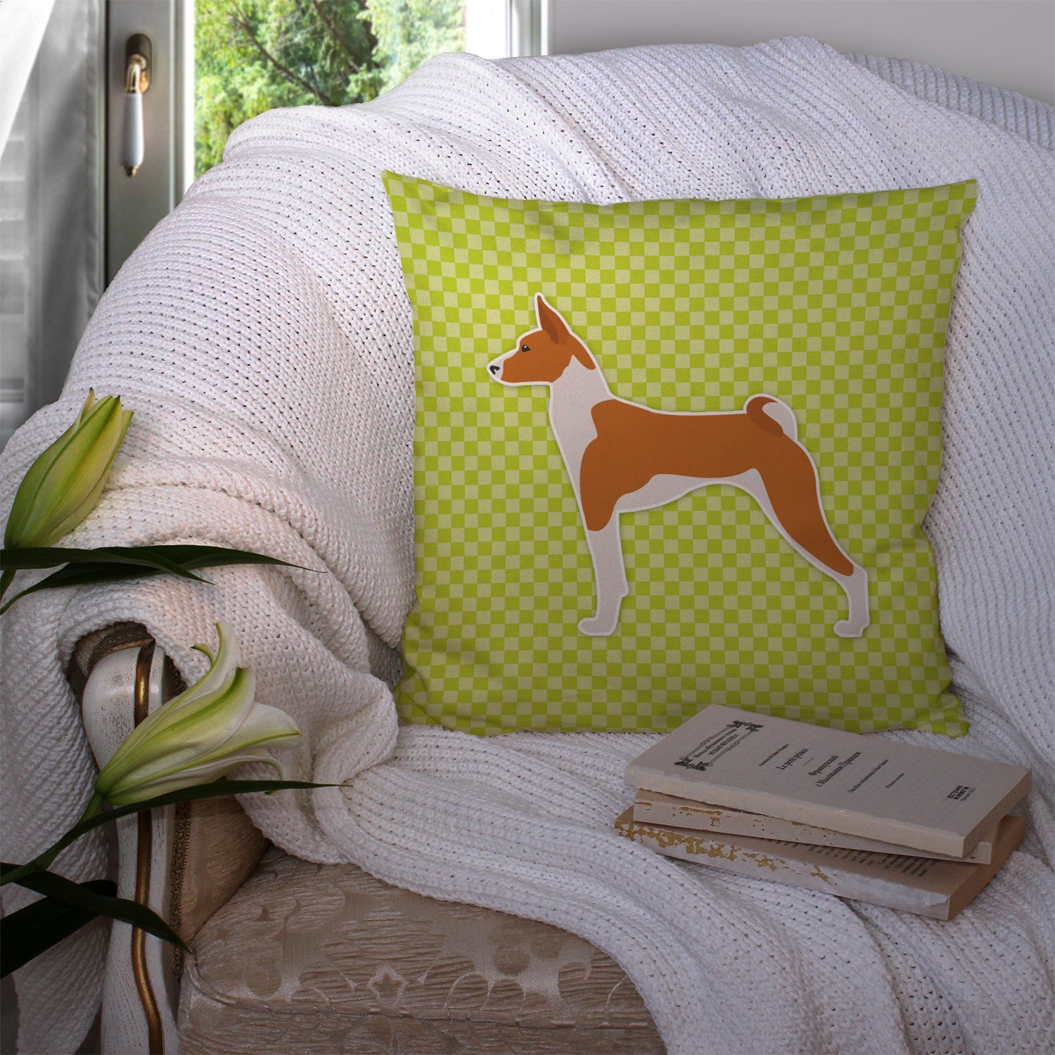 Basenji Checkerboard Green Decorative Throw Pillow 14x14 Indoor Outdoor Accent Cushion, Fabric Cover with Insert for Sofa, Bed, Porch & Living Room