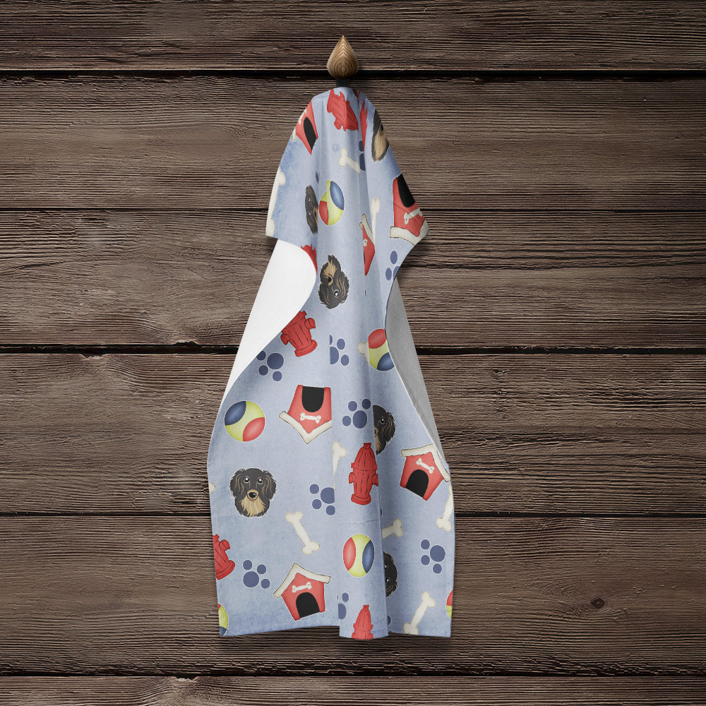 Dog House Collection Longhair Black and Tan Dachshund Kitchen Towel Velour Plush Front and Cotton Loop Back Machine Washable