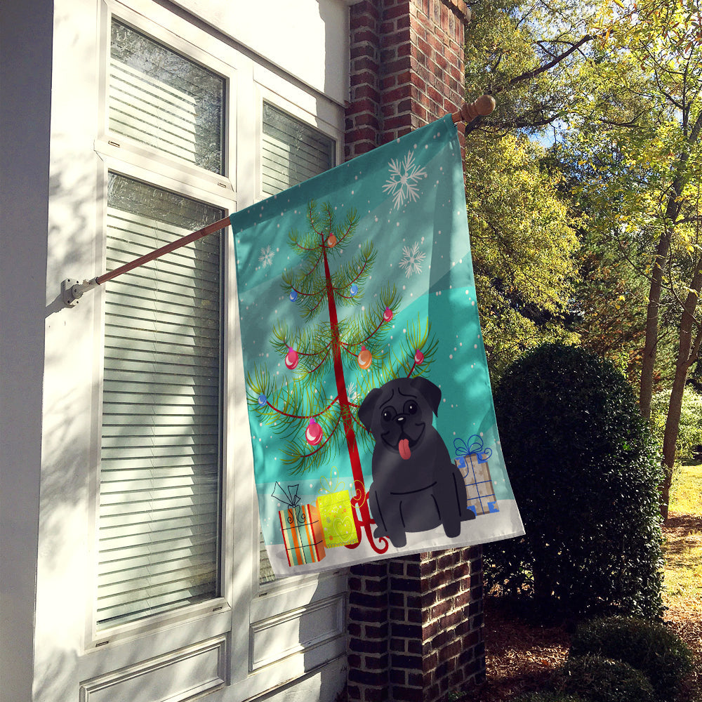 Merry Christmas Tree Pug Black House Flag 28x40 Porch Sleeve Pole Decorative Outside Yard Banner Artwork Wall Hanging, Polyester