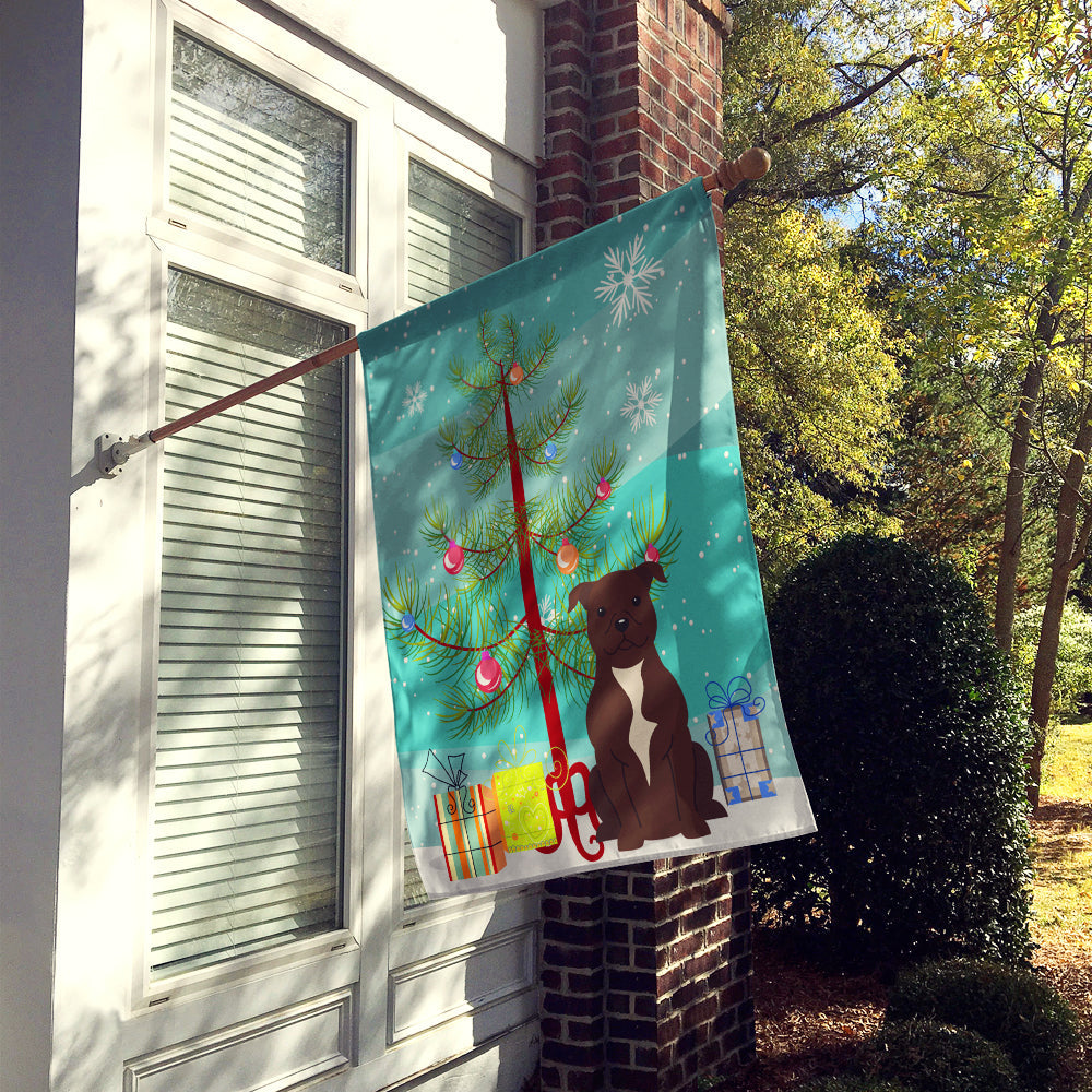 Merry Christmas Tree Staffordshire Bull Terrier Chocolate House Flag 28x40 Porch Sleeve Pole Decorative Outside Yard Banner Artwork Wall Hanging, Polyester
