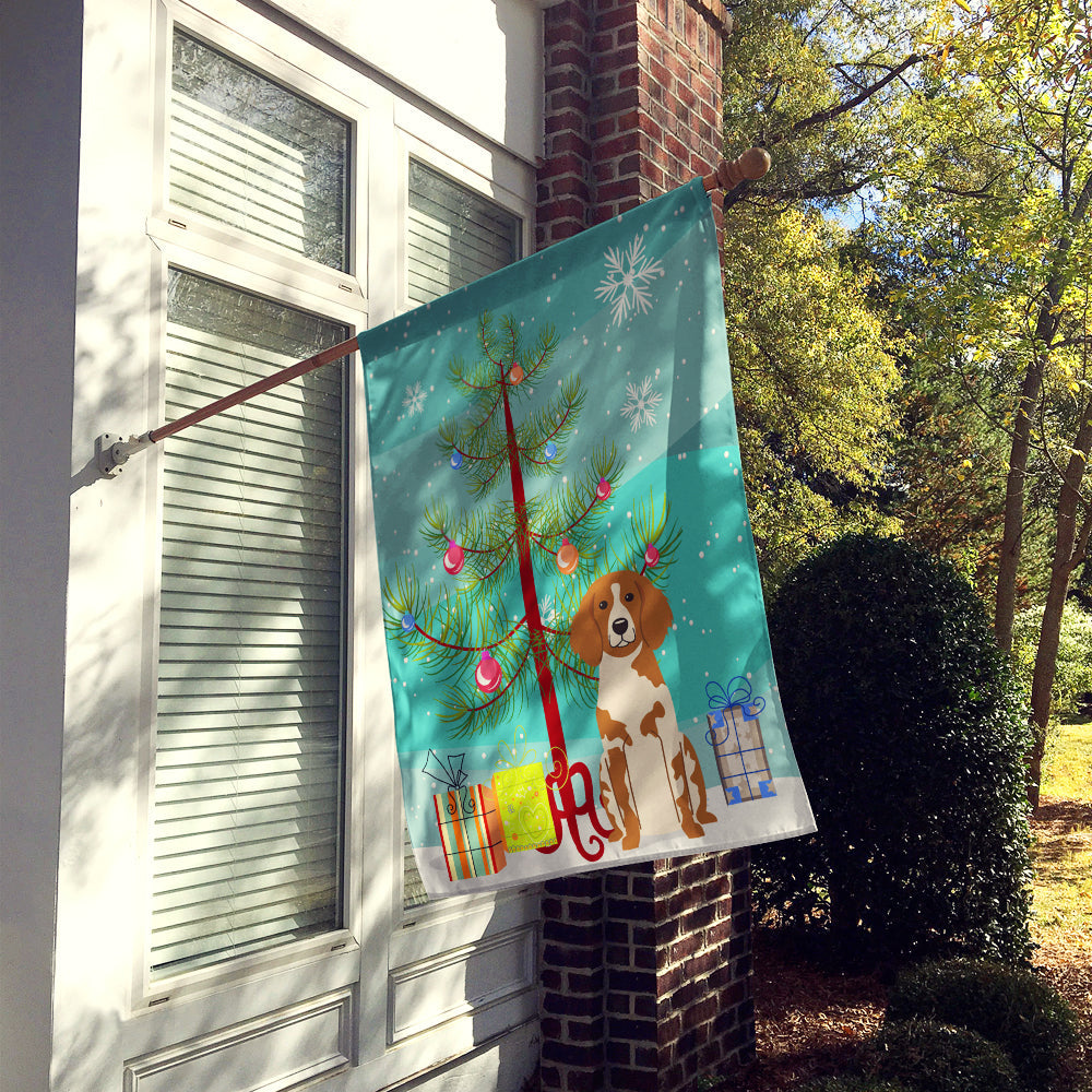 Merry Christmas Tree Brittany Spaniel House Flag 28x40 Porch Sleeve Pole Decorative Outside Yard Banner Artwork Wall Hanging, Polyester