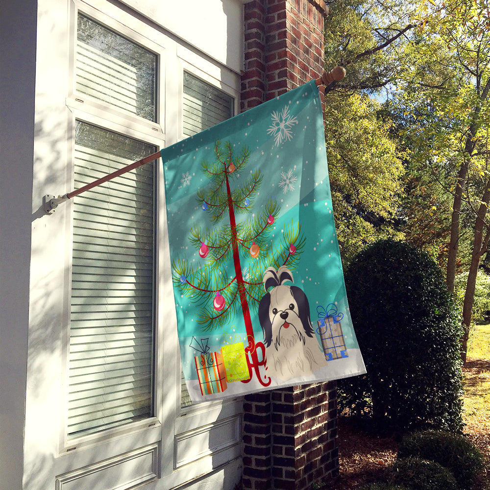Merry Christmas Tree Shih Tzu Black White House Flag 28x40 Porch Sleeve Pole Decorative Outside Yard Banner Artwork Wall Hanging, Polyester