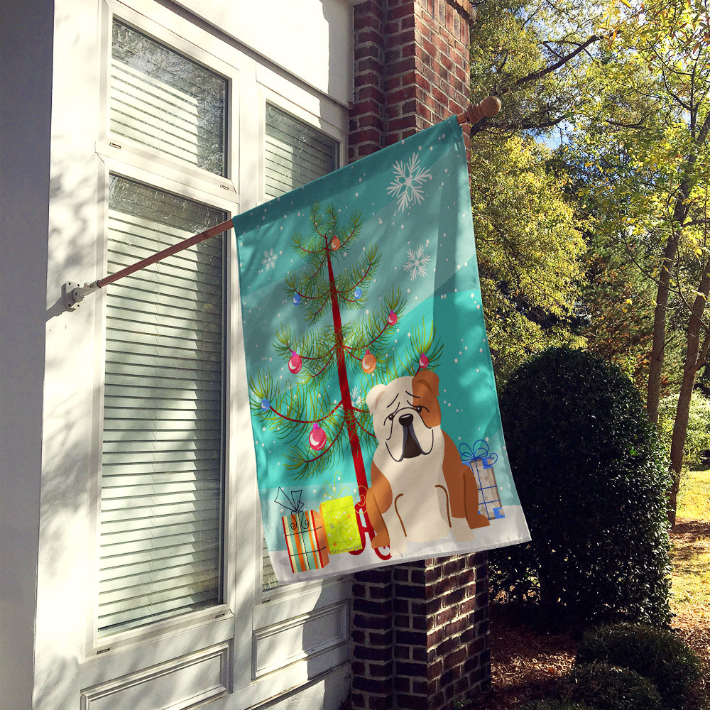 Merry Christmas Tree English Bulldog Fawn White House Flag 28x40 Porch Sleeve Pole Decorative Outside Yard Banner Artwork Wall Hanging, Polyester