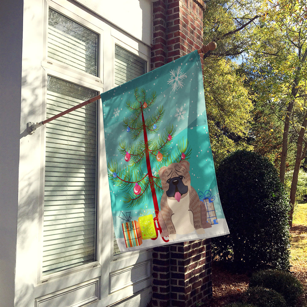 Merry Christmas Tree English Bulldog Grey Brindle  House Flag 28x40 Porch Sleeve Pole Decorative Outside Yard Banner Artwork Wall Hanging, Polyester