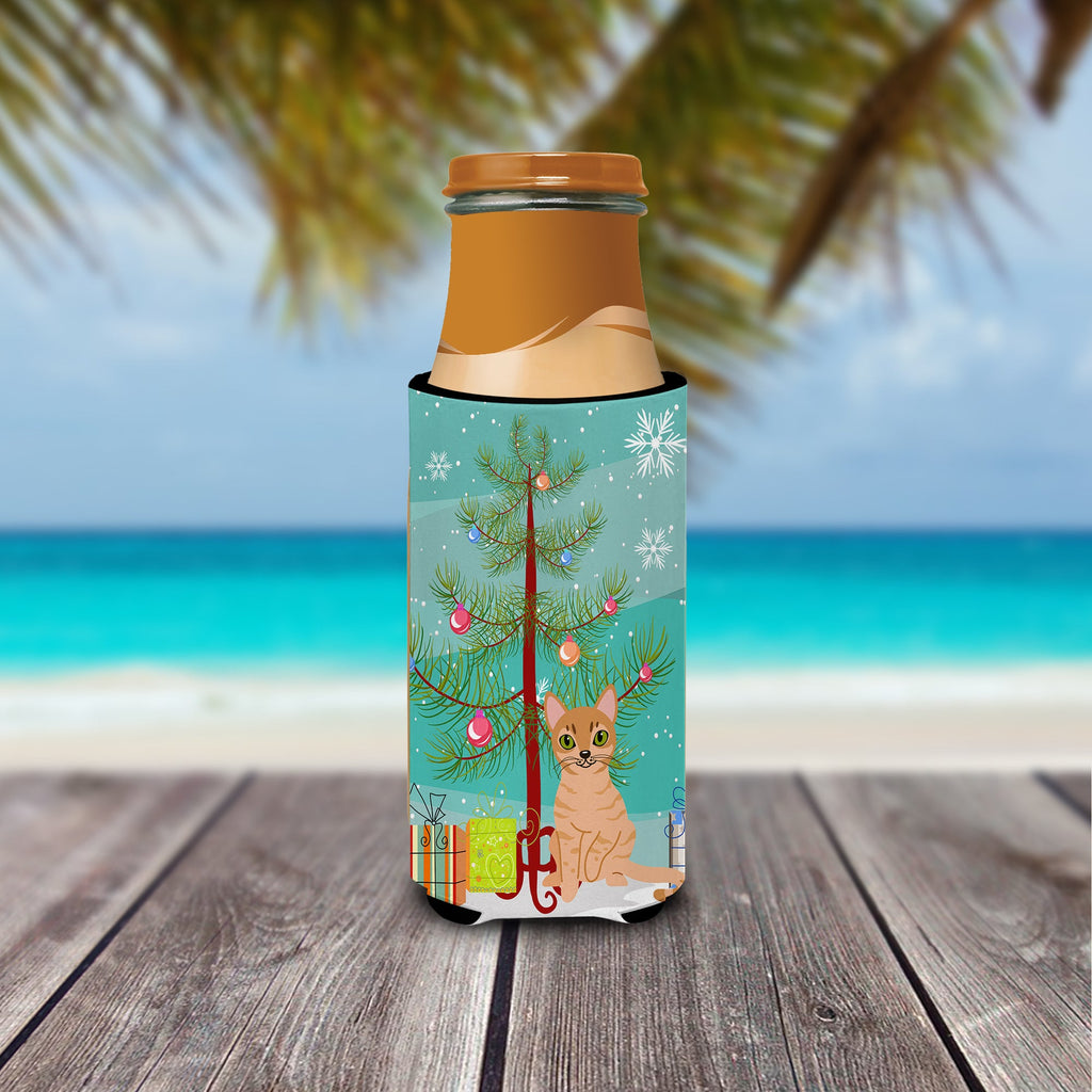 Australian Mist Cat Merry Christmas Tree Slim Can Hugger , Insulated Foam Hugger for 12 oz Slim Cans, Beer Bottles & Water Bottles, Printed in USA