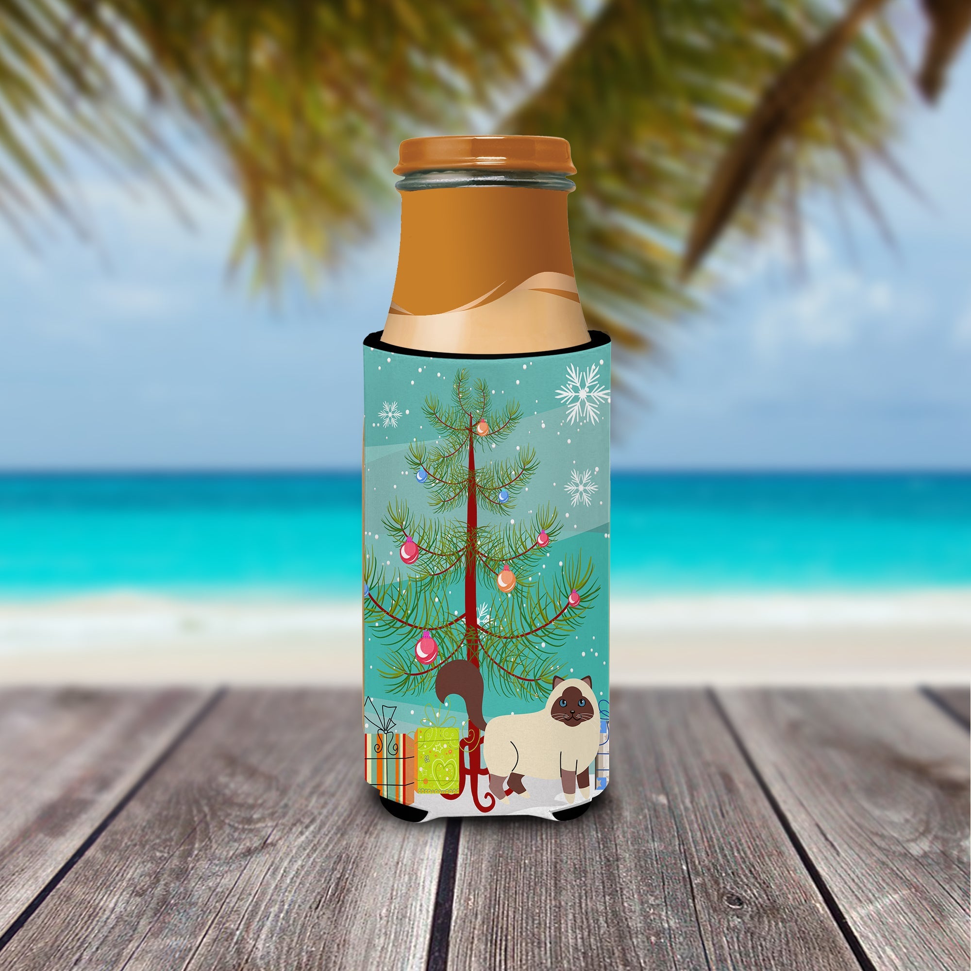 Birman Cat Merry Christmas Tree Slim Can Hugger , Insulated Foam Hugger for 12 oz Slim Cans, Beer Bottles & Water Bottles, Printed in USA