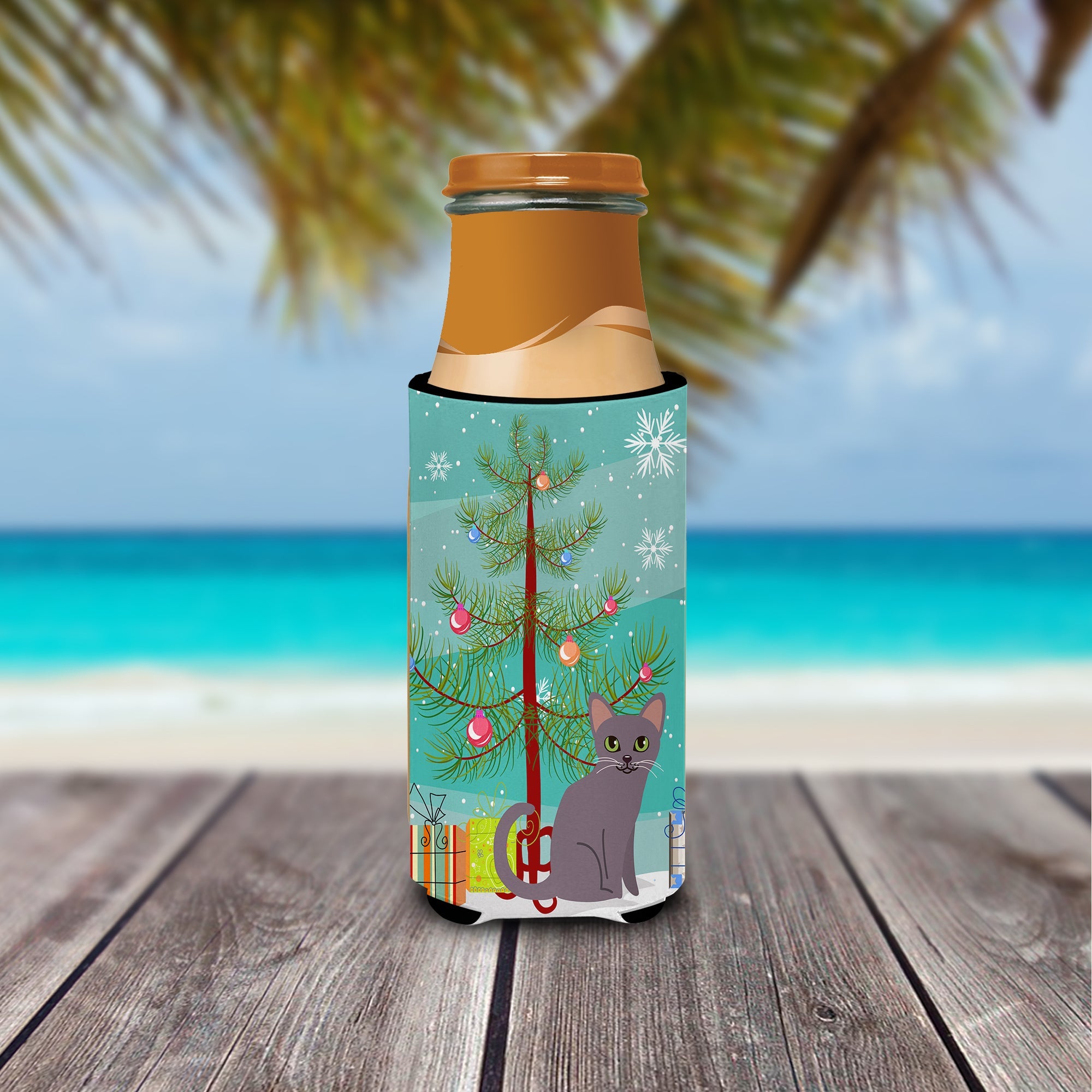 Korat Cat Merry Christmas Tree Slim Can Hugger , Insulated Foam Hugger for 12 oz Slim Cans, Beer Bottles & Water Bottles, Printed in USA