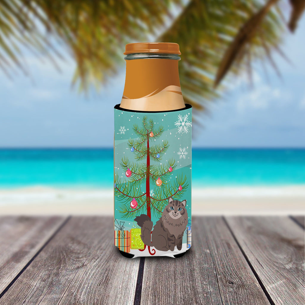Siberian Cat Merry Christmas Tree Slim Can Hugger , Insulated Foam Hugger for 12 oz Slim Cans, Beer Bottles & Water Bottles, Printed in USA