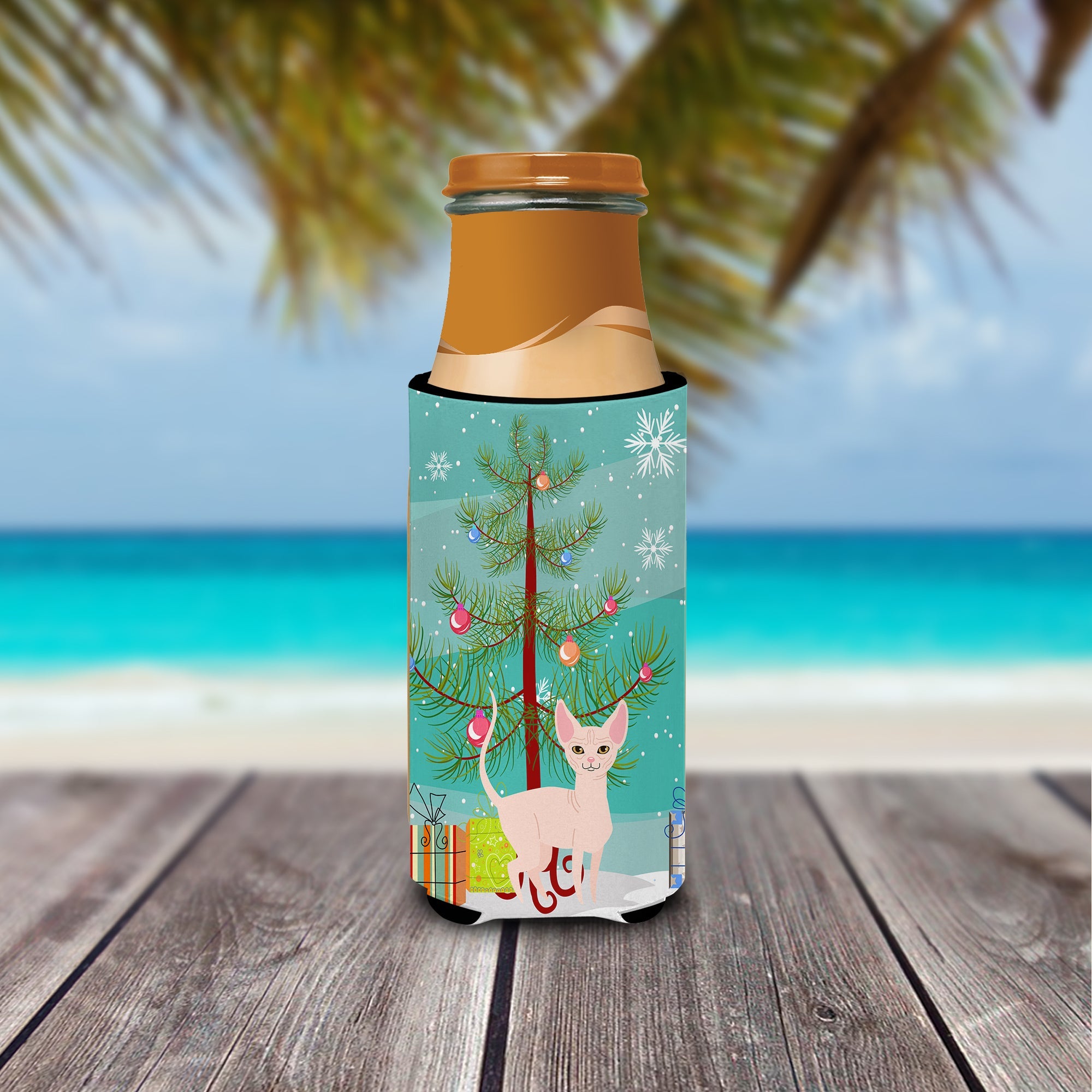 Sphynx Cat Merry Christmas Tree Slim Can Hugger , Insulated Foam Hugger for 12 oz Slim Cans, Beer Bottles & Water Bottles, Printed in USA