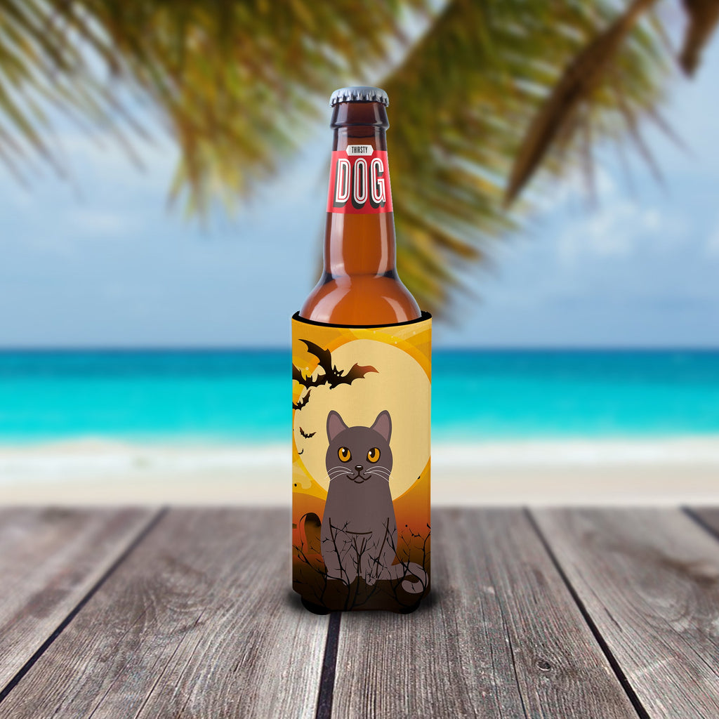 Halloween Chartreux Cat Slim Can Hugger , Insulated Foam Hugger for 12 oz Slim Cans, Beer Bottles & Water Bottles, Printed in USA