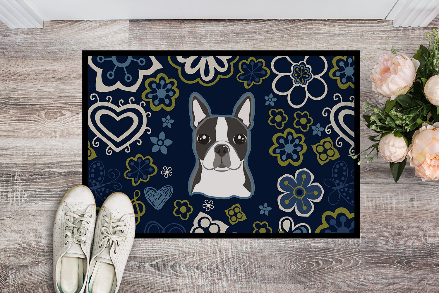 Blue Flowers Boston Terrier Doormat Indoor Outdoor 24H X 36W Front Door Mat Rugs for Entryway, Non Slip Washable Low Pile,