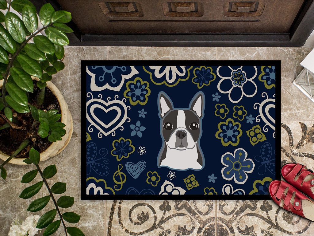 Blue Flowers Boston Terrier Doormat Indoor Outdoor 24H X 36W Front Door Mat Rugs for Entryway, Non Slip Washable Low Pile,