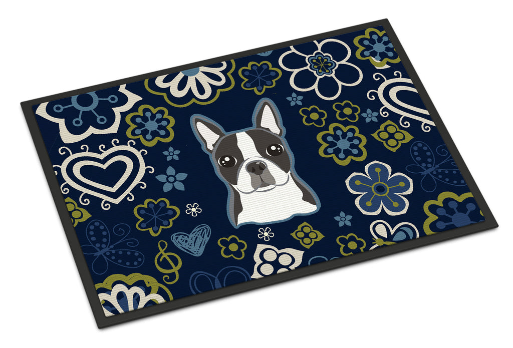 Blue Flowers Boston Terrier Doormat Indoor Outdoor 18H X 27W Front Door Mat Rugs for Entryway, Non Slip Washable