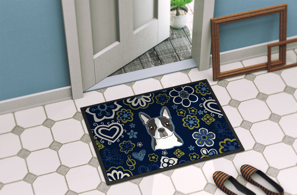 Blue Flowers Boston Terrier Doormat Indoor Outdoor 18H X 27W Front Door Mat Rugs for Entryway, Non Slip Washable
