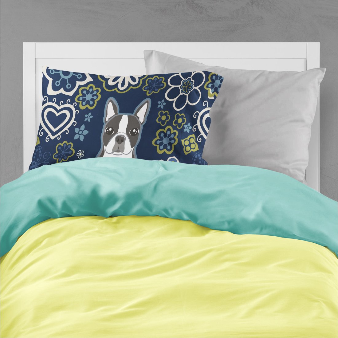 Blue Flowers Boston Terrier Standard Pillowcase Lightweight Super Soft Easy Care Decorative Artwork Pillowcase, Standard