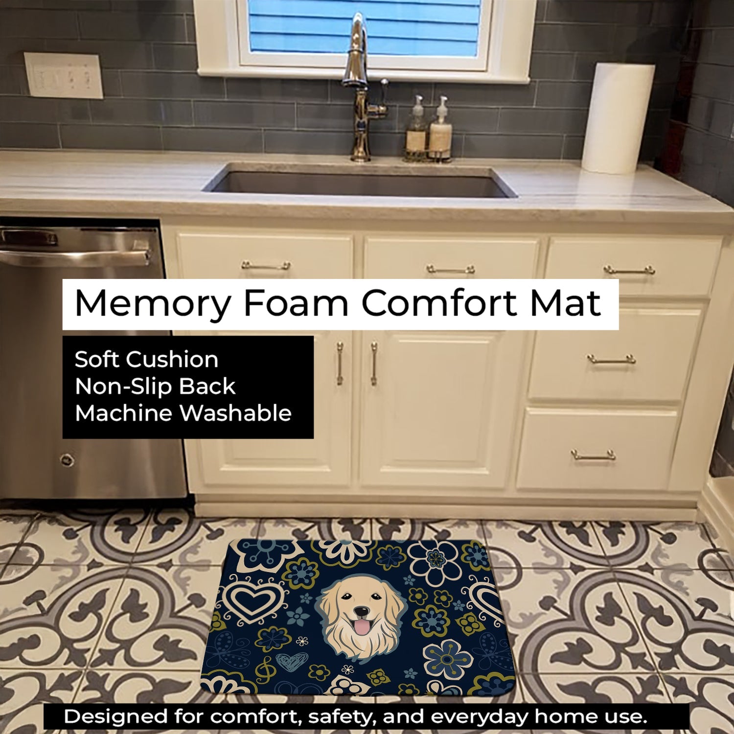 Blue Flowers Golden Retriever Memory Foam Kitchen Mat Machine Washable Anti-Fatigue Cushion Comfort Bath or Kitchen Rug