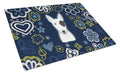 Blue Flowers Bull Terrier Cutting Board Tempered Glass Kitchen Cutting Surface, Heat Resistant Chopping, Non-Slip Feet, Food Prep & Serving