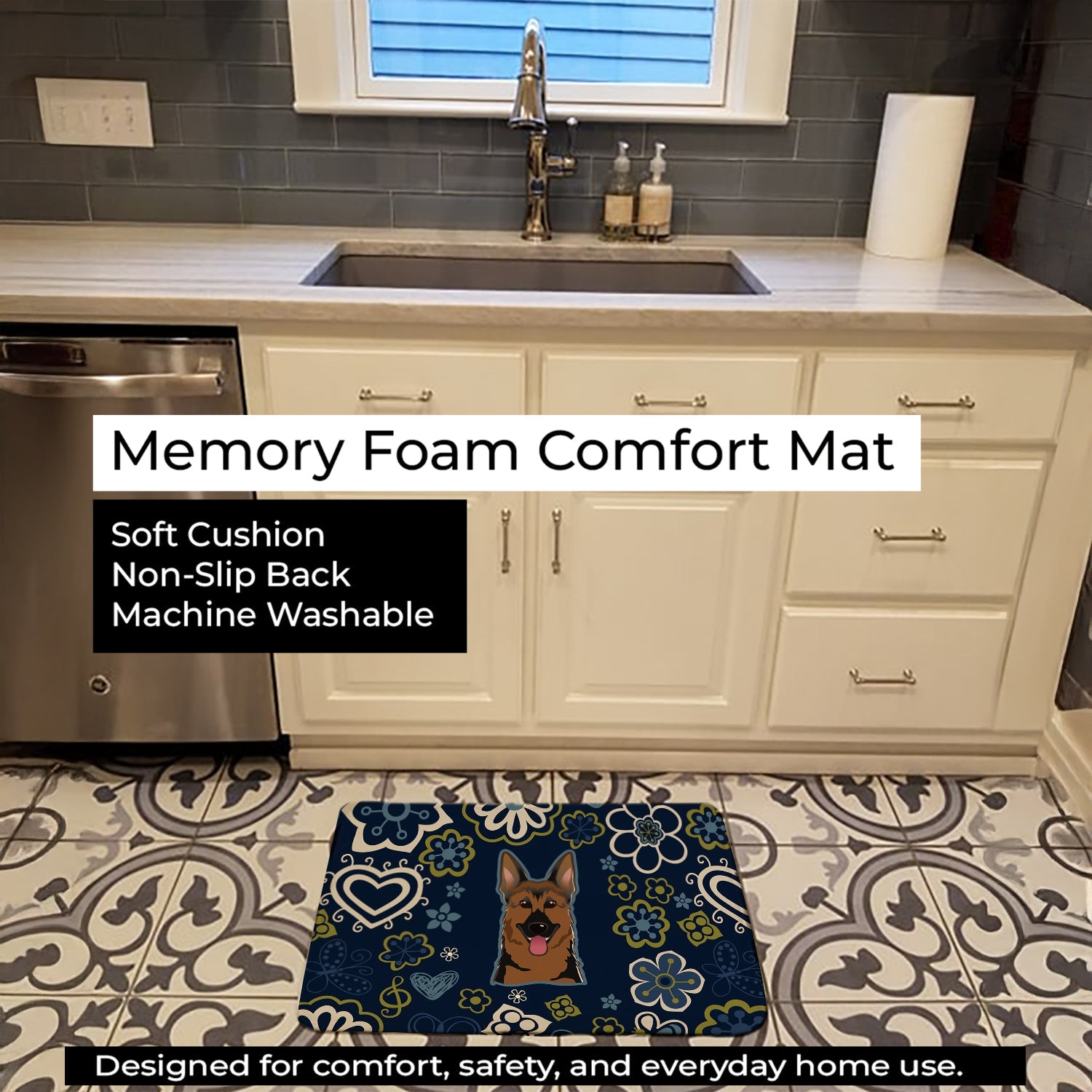 Blue Flowers German Shepherd Memory Foam Kitchen Mat Machine Washable Anti-Fatigue Cushion Comfort Bath or Kitchen Rug