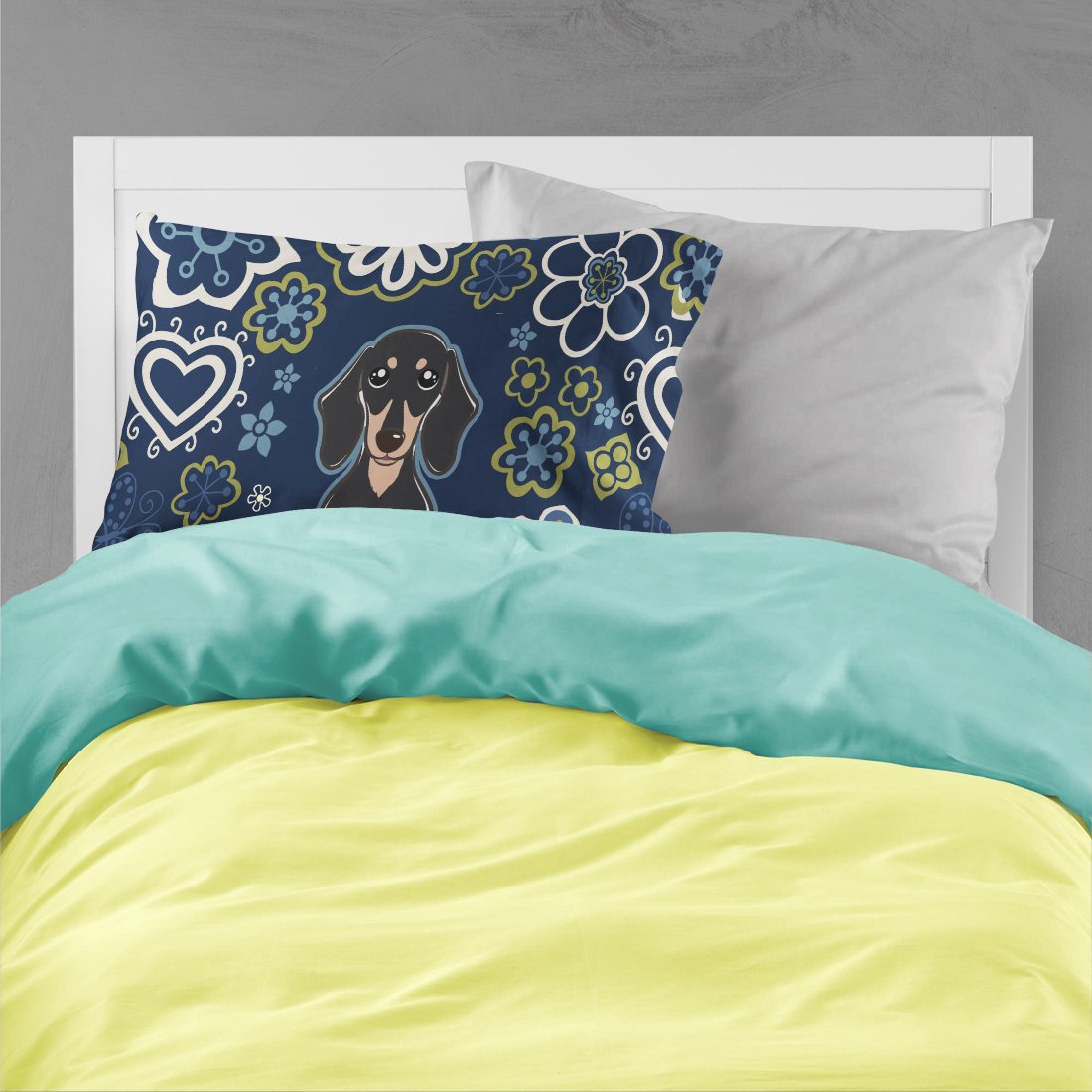 Blue Flowers Smooth Black and Tan Dachshund Standard Pillowcase Lightweight Super Soft Easy Care Decorative Artwork Pillowcase, Standard