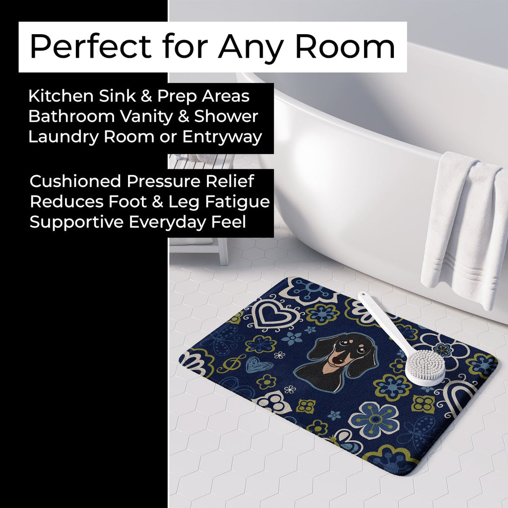 Blue Flowers Smooth Black and Tan Dachshund Memory Foam Kitchen Mat Machine Washable Anti-Fatigue Cushion Comfort Bath or Kitchen Rug